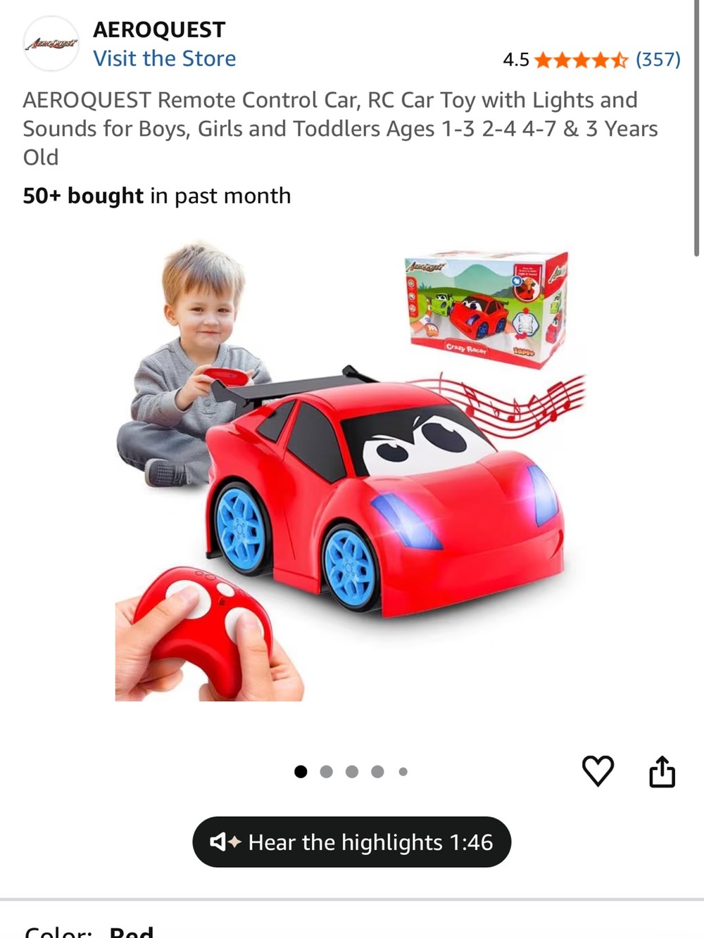 Red Remote Control Kids Toy Car with Lights & Sound